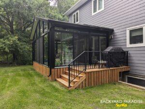 Black Gable sunroom with black aluminum railings , La Salle , Manitoba 2