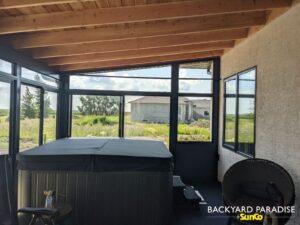 Black studio hot tub sunroom with cedar roof, LaSalle, Manitoba 3