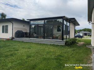 Black studio sunroom on Composite deck, Stonewall, Manitoba 3