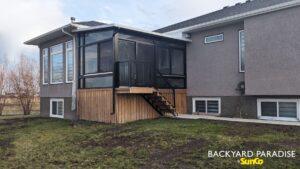 Black studio sunroom with black aluminum railing , Springfield, manitoba
