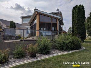 Douglas Fir and black windows Gable sunroom with angled front wall , Island Lakes, Winnipeg , Manitoba 1