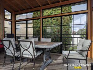 Douglas Fir and black windows Gable sunroom with angled front wall , Island Lakes, Winnipeg , Manitoba 10