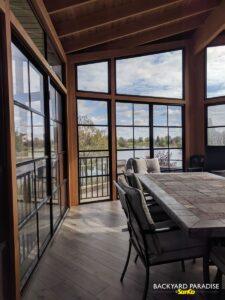 Douglas Fir and black windows Gable sunroom with angled front wall , Island Lakes, Winnipeg , Manitoba 11