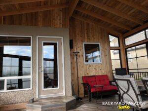 Douglas Fir and black windows Gable sunroom with angled front wall , Island Lakes, Winnipeg , Manitoba 12