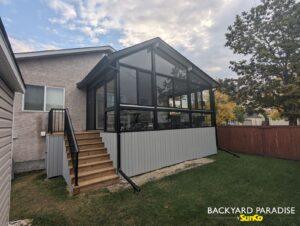 Elevated Black offset Gable sunroom in Island Lakes ,Winnipeg ,Manitoba 1