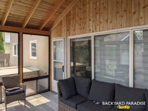 Red Cedar and Douglas Fir , gable sunroom with black windows , River Heights , Winnipeg , Manitoba 3