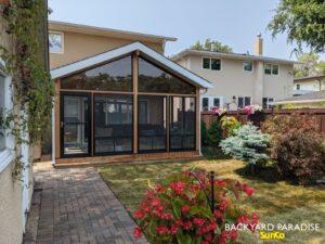 Red Cedar and Douglas Fir , gable sunroom with black windows , River Heights , Winnipeg , Manitoba 8