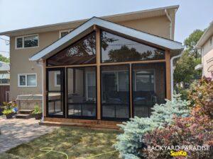 Red Cedar and Douglas Fir , gable sunroom with black windows , River Heights , Winnipeg , Manitoba 9