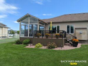 Sandalwood and White Gable sunroom with composite deck, LaSalle , Manitoba 2