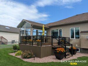 Sandalwood and White Gable sunroom with composite deck, LaSalle , Manitoba 4