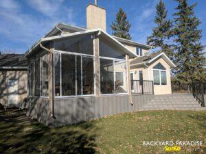 Sandalwood and white Gable sunroom with composite deck, Headingley , Manitoba 1