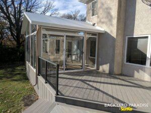 Sandalwood and white Gable sunroom with composite deck, Headingley , Manitoba 3