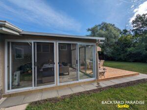 Sandalwood and white studio sunroom at grade with treated wood deck , Charleswood, Winnipeg , Manitoba 4