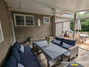 Sandalwood and white studio sunroom at grade with treated wood deck , Charleswood, Winnipeg , Manitoba 6