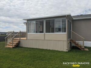 Sandalwood and white studio sunroom with solid knee walls, Sanford , Manitoba 3