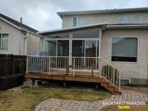 Sandalwood and white studio sunroom with treated wood deck , Lindenwoods , Winnipeg , Manitoba 2