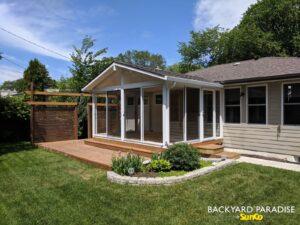 White Gable sunroom with treated deck , Westwood , Winnipeg , Manitoba