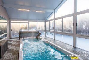 White Gable swim spa sunroom with treated stadium staircase, Lindenwoods , Winnipeg , Manitoba 5