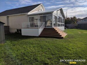 White Gable swim spa sunroom with treated stadium staircase, Lindenwoods , Winnipeg , Manitoba 6