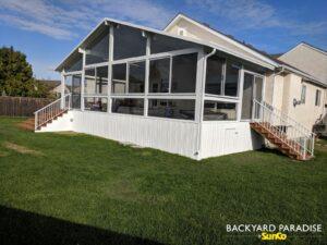 White Gable swim spa sunroom with treated stadium staircase, Lindenwoods , Winnipeg , Manitoba 7