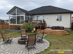 White gable sunroom with treated deck , Sage Creek, Winnipeg , Manitoba 2