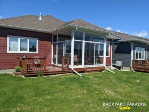 White structural curtain wall sunroom with conventional truss roof , Headingley , Manitoba 8