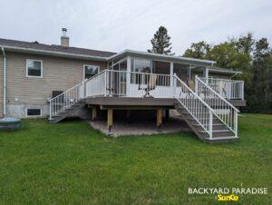 White studio sunroom with composite deck and white aluminum railing ,Balmoral, manitoba 3