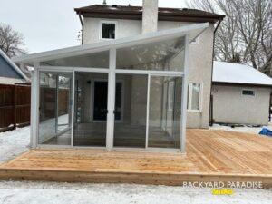 White studio sunroom with wrap around cedar deck, st-Vital, Winnipeg Manitoba 1