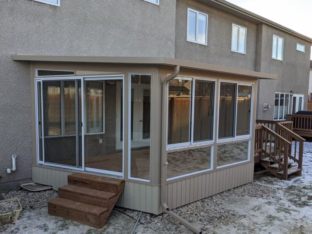 Sandalwood and white studio sunroom by SunCo in Dakota Crossings, Winnipeg