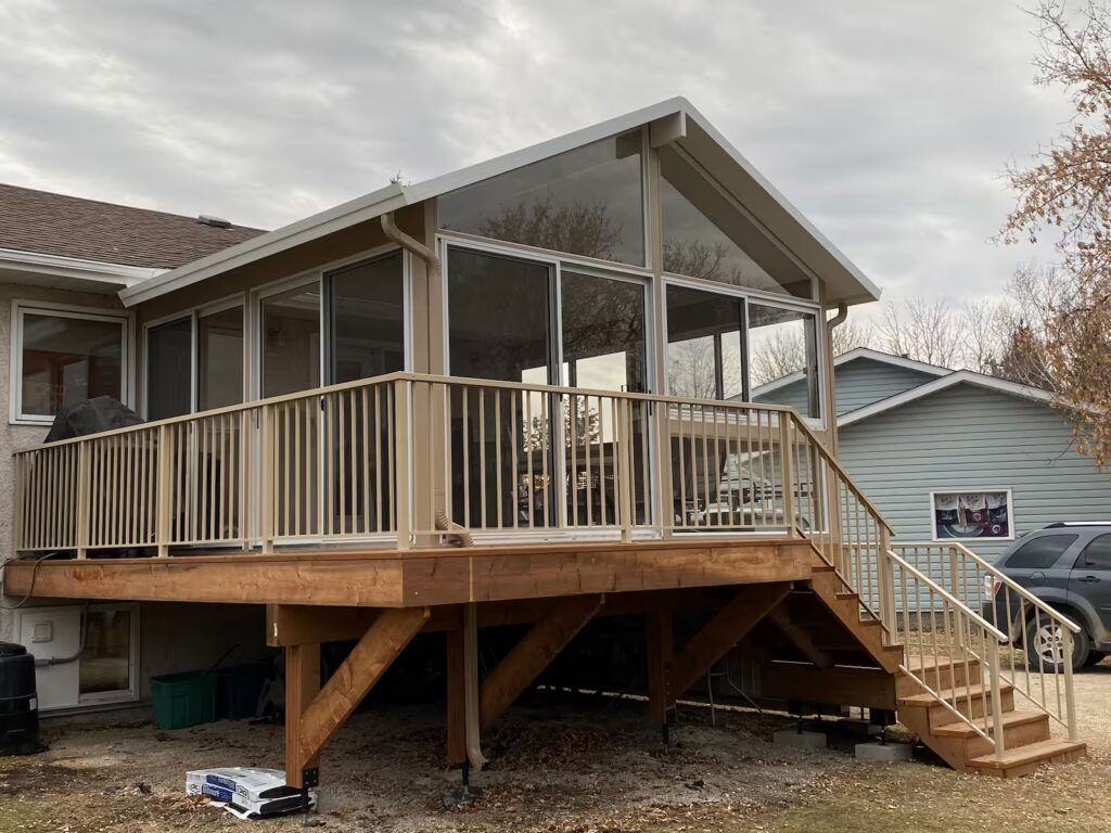 sandalwood and white gable sunroom by SunCo in Stonewall, Manitoba
